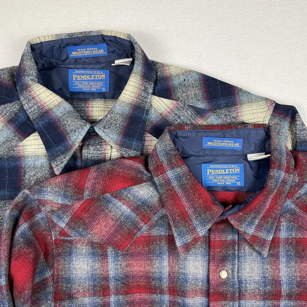 Vintage Pendleton Made In Usa Virgin Wool Pearl Snap Flannel 2 Pair Size L